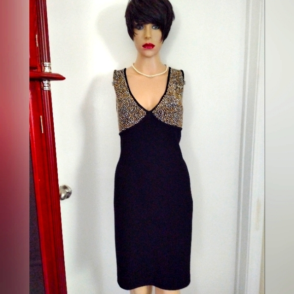 SALE! ST JOHN EVENING 10 HUNDREDS SILVER & GOLD CRYSTAL BLACK SANTANA KNIT DRESS - Picture 5 of 5